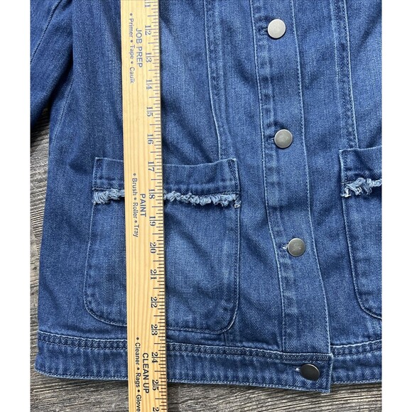 J Jill Denim Blue Jean Size Medium Fringe Trim Button 100% Cotton Shacket - Picture 9 of 12